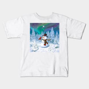 Happy Christmas Snowman and Birds Kids T-Shirt